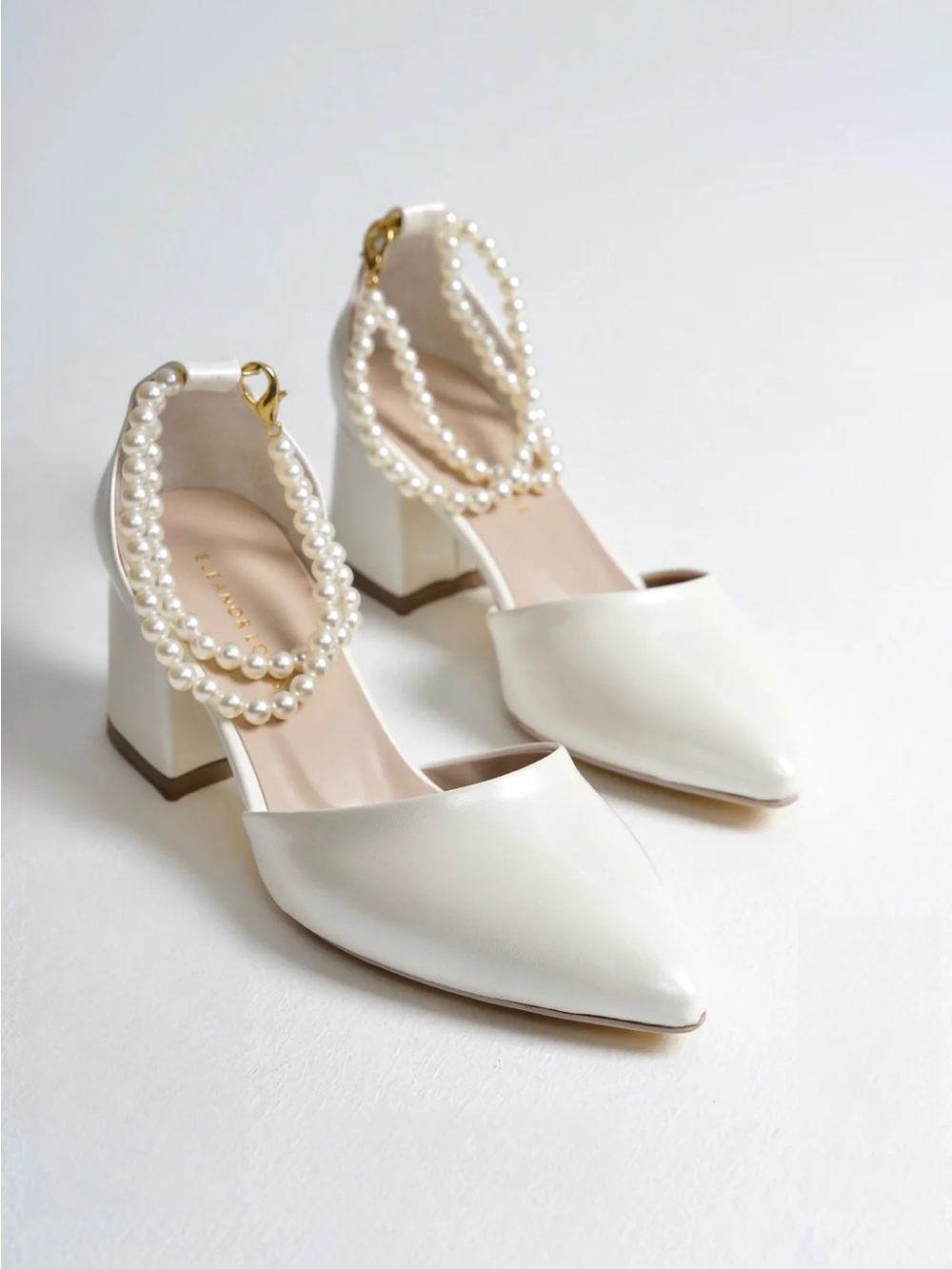 NWT Eleanor Louise White Pearl-Ankle Block Heel Pumps - Women's
